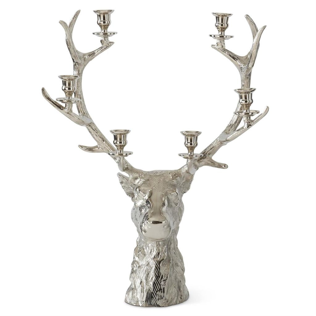 16 Inch Silver Deer Bust 4 Taper Candelabra