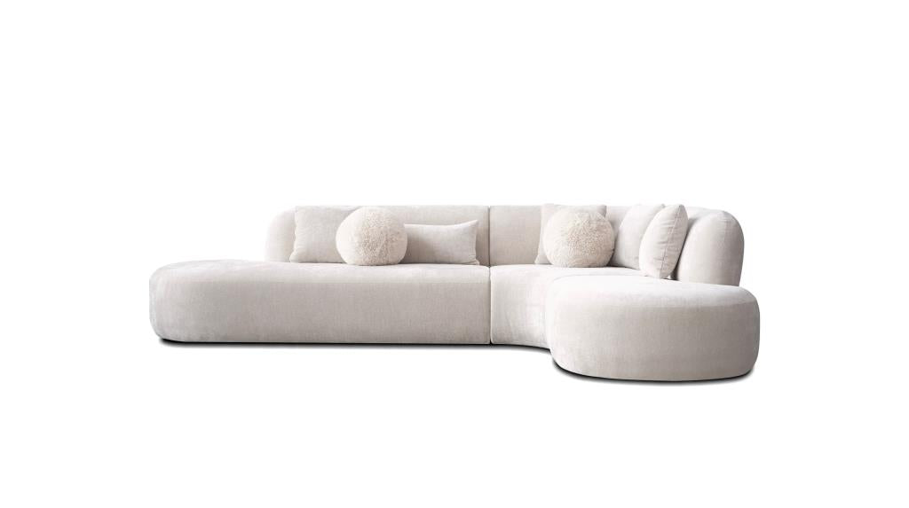 ITZA CHAISE FACING RIGHT SECTIONAL DARK CREAM WITH SOFT CREAM SQUARE PILLOWS AND ANGORA BALL PILLOWS FABRIC 3-PIECE