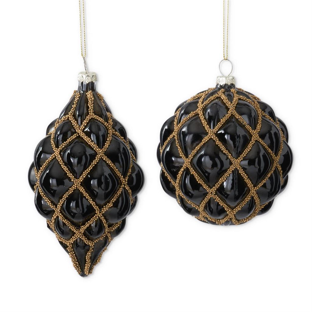 Assorted Black Glass Ornaments w/Quilted Gold Trim (2 Styles