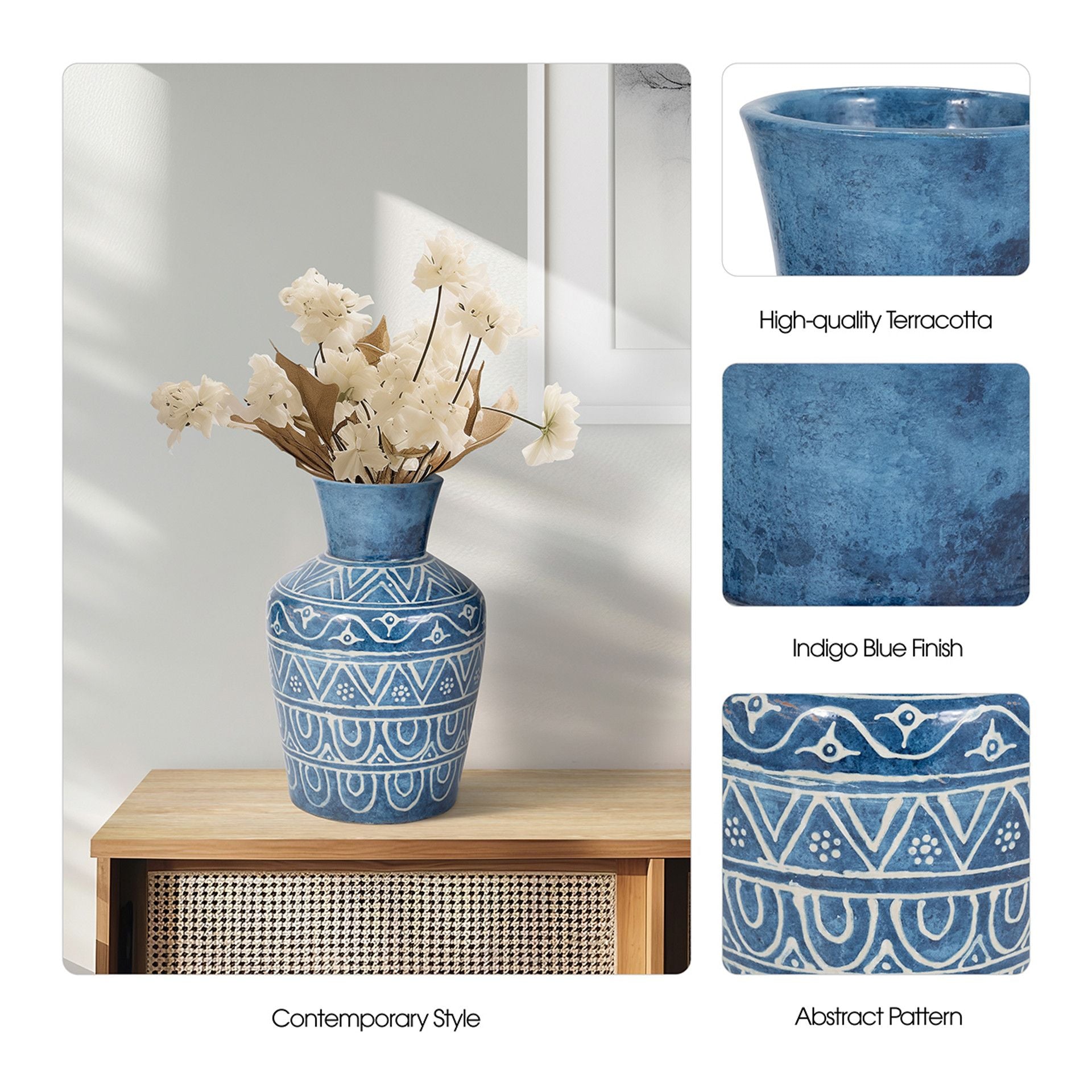 TERRACOTTA, 12"H VASE, BLUE