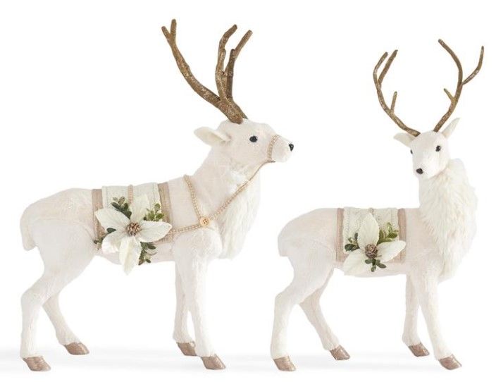 SET OF 2 CREAM FAUX FUR DEER W/KNIT SADDLE & GOLD GLITTERED ANTLERS