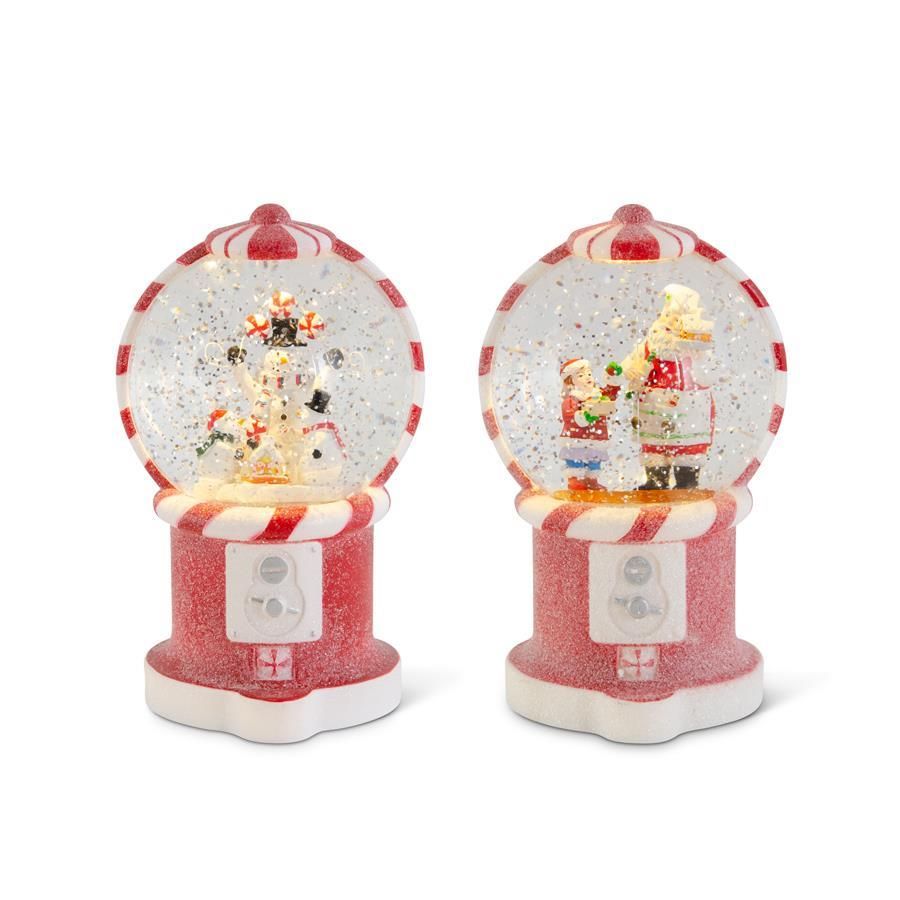 Set of 2 7.75 Inch Glittered LED Red Resin Gumball Machine Snow Glob