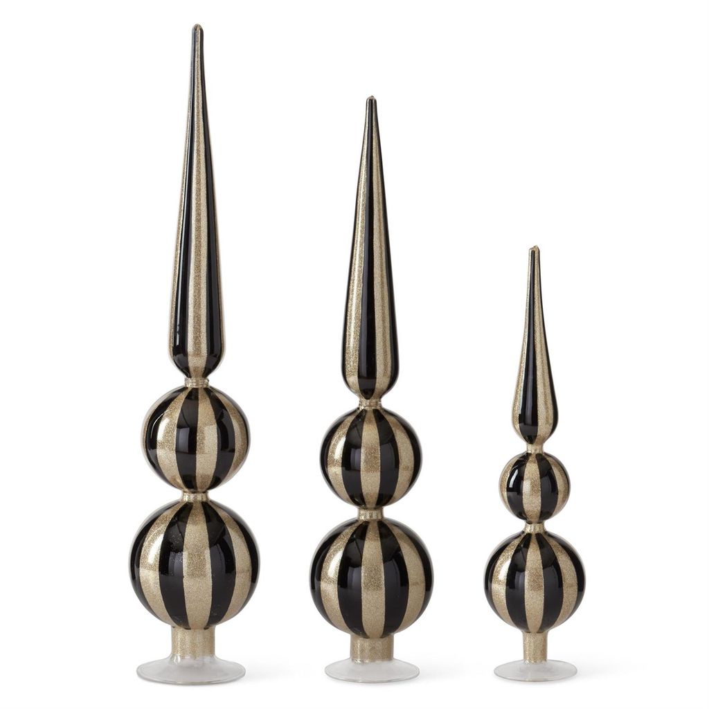 Set of 3 Glitter Silver & Black 2-Ball Finials