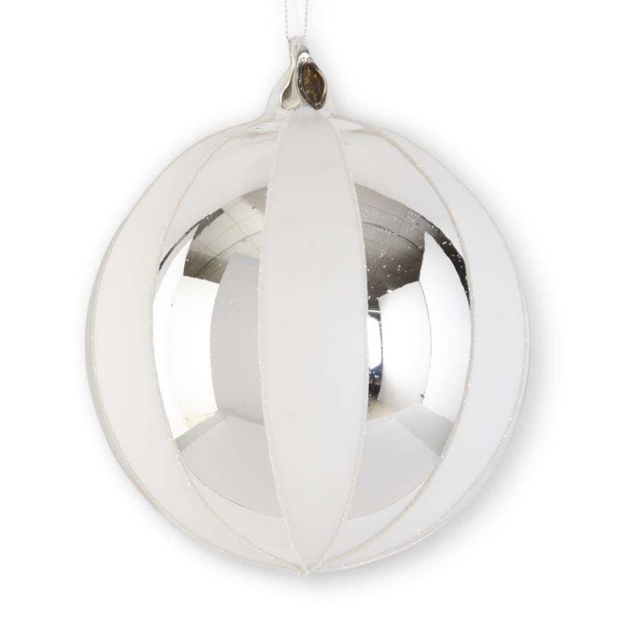 6 Inch White & Silver Round  Striped Glass Ornament
