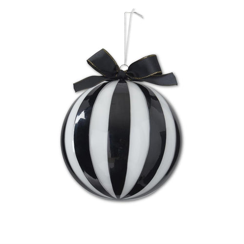 7 Inch Black & White Striped Glass Ornament & Ribbon Hanger